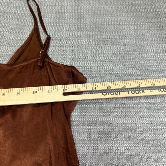 Satin Slip Dress Medium Chocolate Brown Twist Front Deep V Y2K Midi Party Glam - Picture 4 of 7